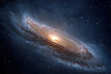 Fototapeta premium Spectacular spiral galaxy displaying vibrant cosmic dust, stars, and stellar nurseries against the dark backdrop of space.