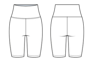 High-Waisted Mid-Thigh Biker Shorts Technical Fashion Illustration. Women’s Fitted Active Shorts Vector Template. Front and Back View. Stretch Fabric. Clean Waistband. CAD Mockup Set.