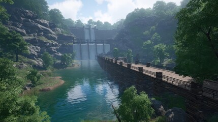 Fototapeta premium Scenic landscape featuring a dam and waterfall.