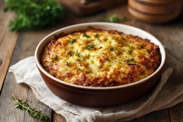 Golden potato casserole with fresh herbs in rustic dish on wooden table.