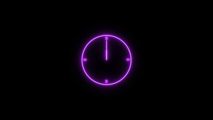 Abstract neon clock icon illustration. Digital and analog clock 24 hours isolated on black background 4k illustration.
