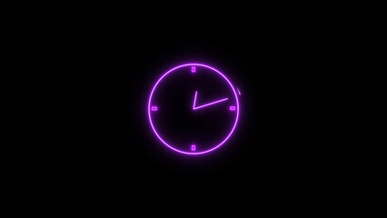Abstract neon clock icon illustration. Digital and analog clock 24 hours isolated on black background 4k illustration.
