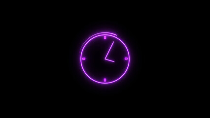 Abstract neon clock icon illustration. Digital and analog clock 24 hours isolated on black background 4k illustration.
