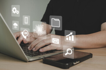 Ai technology. business people working on laptop computer, concept of artificial intelligence, machine learning, data analysis, digital innovation, future technology trends, digital marketing concept