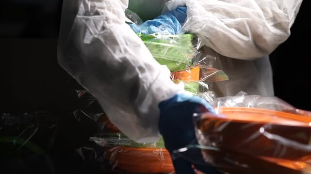 Workers placing wrapped plastic plates into a box