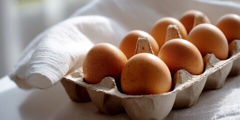 Fresh brown eggs in a carton