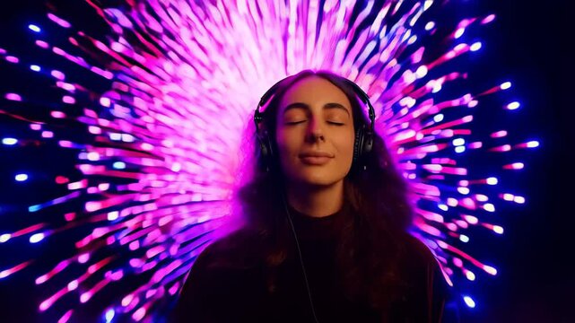 Woman with headphones enjoying music with closed eyes as vibrant purple, blue and pink light rays burst behind her on black background, symbolizing dopamine rush. Concept of audio therapy and euphoria