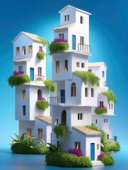 Fototapeta premium Sustainable Architecture: Modern White Houses Stacked with Greenery, Minimalist Design, Property