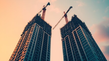 Naklejka premium Construction chaos of modern towers urban cityscape gigapixel quality sunset view architectural progress