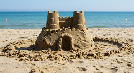 Delicate sandcastle construction on beach with shimmering ocean background