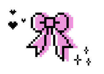 Decorative bow with long tails in pixel art. Y2k inspired pink bow icon. Trendy collage sticker. Mood of 90's. 8 bit retro style isolated vector illustration on white background. Game abstract element