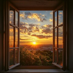 Sunset view from an open window