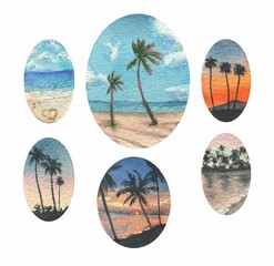 Tropical beach watercolor set.
