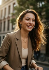 Smiling young caucasian female in urban setting with sunlit hair.