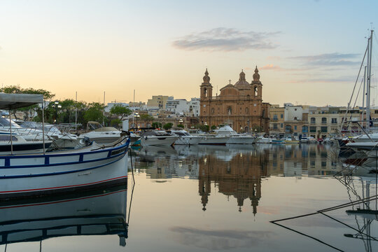 Evening Reflections at Msida Creek Marina with Msida Church in Background