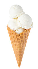 vanilla ice cream scoops in a waffle cone isolated on transparent background, png