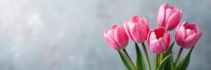 Fototapeta premium Delicate pink & violet tulips against soft gray backdrop Ample copy space , wallpaper, pretty