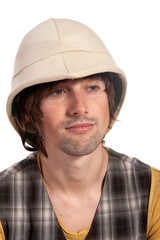 Exploring fashion styles from the past with a unique hat and outfit choice