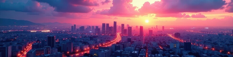 Obraz premium Modern art gallery, panoramic city view, blank banners, empty, horizon, minimal