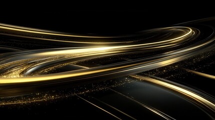 Abstract golden light streaks flowing on black background, dynamic motion, elegant design, modern art, digital illustration