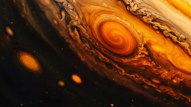 Close-up of Jupiter's Great Red Spot swirling in turbulent gas clouds