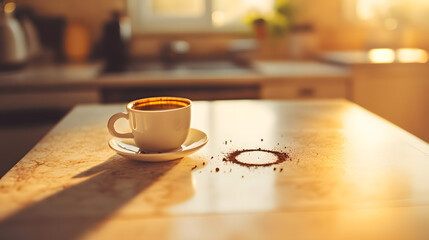 Fototapeta premium Coffee Break Sunbeams: A cup of espresso, steaming and ready to be enjoyed, sits on a kitchen counter bathed in the warmth of the setting sun. The sunbeams illuminate the counter.