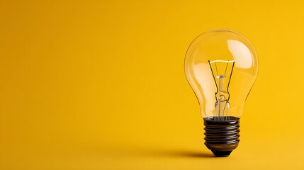 Glowing light bulb, on yellow background, great idea concept, copy space for text