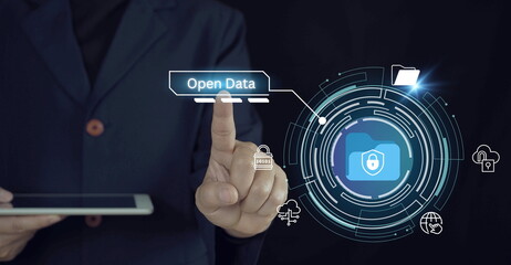 Businessman touching and analyzing datasets, data transparency,information sharing, collaborative platforms, data accessibility, public resources, and innovation.Open Data