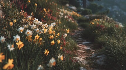 Fototapeta premium Scenic Trail Surrounded by Colorful Seasonal Flowers and Grass
