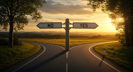 Choosing a Path Road Fork with Yes or No Sign at Sunset