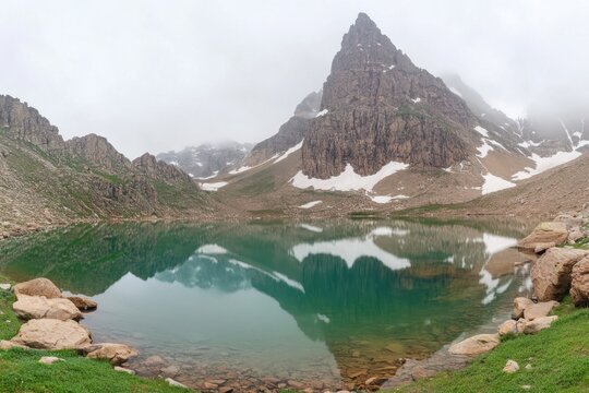Serene mountain lake reflecting jagged peaks on an overcast day scenic landscape photography Kyrgyzstan Central Asia - Powered by Adobe