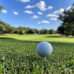 Obraz premium The golf ball is on the tee, and the green grass is in the background. The ball is in the perfect position to be hit, and the green grass provides a beautiful backdrop.