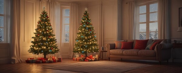 Ornate Christmas tree, glowing lights, cozy room,  red,  green