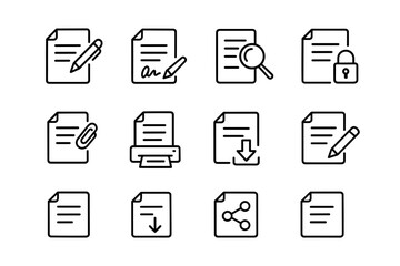 Document icons with signature, magnifier, lock and sharing symbols