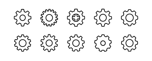 Flat gear and cogwheel icons in linear outline style