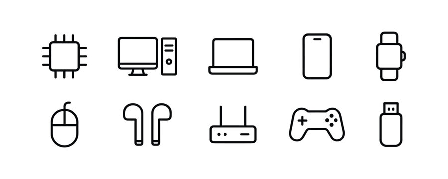 Tech device icons including routers, gamepads and wearable gadgets