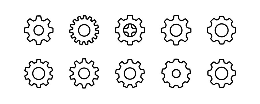 Flat gear and cogwheel icons in linear outline style