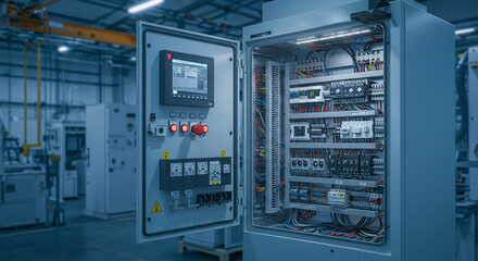 Electrical control panel with industrial automation system in a modern factory