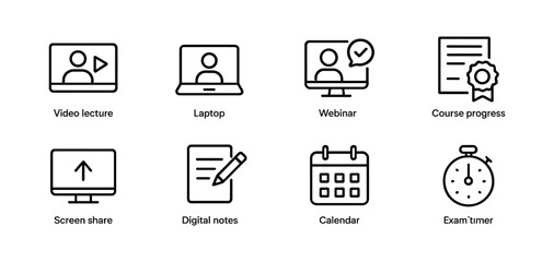 Online learning icons: video, laptop, notes and calendar