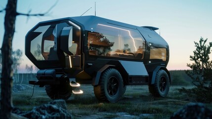 Obraz premium Futuristic electric camper vehicle, modular mobile home concept with panoramic windows parked in wilderness