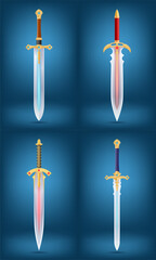 detailed vector illustration of a decorative sword featuring a gold hilt adorned with gemstones and a sleek blade against a gradient background, perfect for fantasy themes