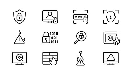 Fototapeta premium Outlined icons: cybersecurity, data breach and threat alert