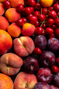 Fresh peaches, plums, cherries and apricots creating a colorful summer background