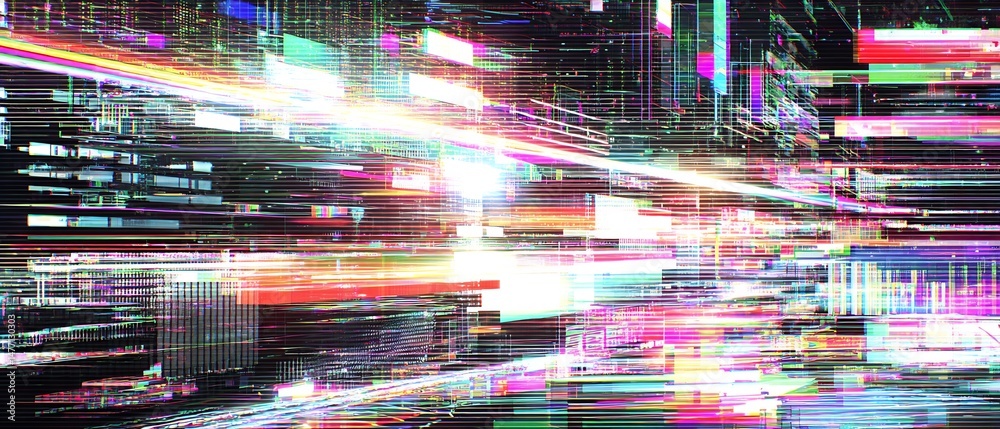 Poster cybernetic cityscape: a dynamic digital rendering with glowing lines and blocks