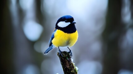 Fototapeta premium Vibrant Yellow Blue Tit Bird on Branch Winter