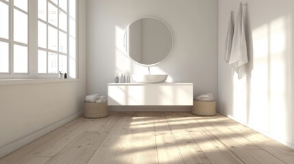 A white, minimalist bathroom with a wooden floor, a small round mirror, and an elegant sink surrounded by simple, clean fixtures