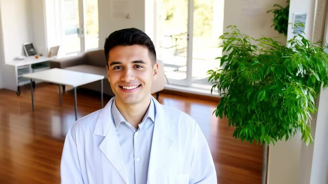 Smiling young male chiropractor in white coat with stethoscope standing in bright clinic with wooden floor and bookshelves in soft focus background