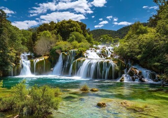Fototapeta premium A wide-angle photo of the cascading waterfalls at Krka National Park in Croatia, with lush greenery