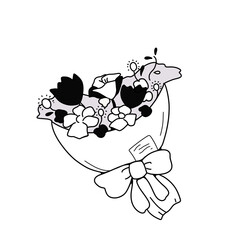 お祝いに使える白や黒のシンプルな花束のイラスト