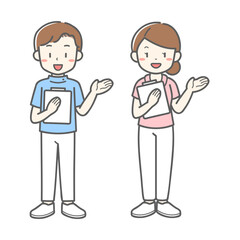 バインダーを持った男女２人の看護師／ベクターイラスト素材